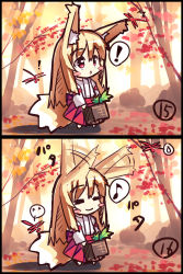 Rule 34 | 1girl, :&lt;, ^^^, ^ ^, animal ears, autumn leaves, barefoot, basket, blonde hair, blush stickers, bug, chibi, closed eyes, closed mouth, comic, day, dragonfly, ear wiggle, fox ears, fox girl, fox tail, hair between eyes, highres, holding, holding basket, insect, japanese clothes, long hair, long sleeves, miko, musical note, original, outdoors, parted lips, quaver, red eyes, red hair, spoken expression, spoken musical note, spoken sweatdrop, standing, sweatdrop, tail, very long hair, yuuji (yukimimi)