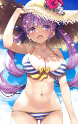 Rule 34 | 1girl, bare arms, bare shoulders, bikini, blue hair, blue nails, blue sky, blush, bow, braid, breasts, cleavage, cloud, cloudy sky, collarbone, colored inner hair, commentary request, day, drill hair, fingernails, flower, gluteal fold, hair bow, halterneck, hand up, hat, hibiscus, highres, hololive, large breasts, long hair, looking at viewer, minato aqua, minato aqua (hololive summer 2019), multicolored hair, nail polish, navel, open mouth, outdoors, purple eyes, purple hair, sky, smile, solo, stomach, straw hat, string bikini, striped bikini, striped clothes, swimsuit, thighs, tomose shunsaku, twintails, virtual youtuber