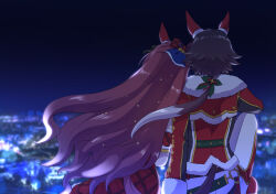 Rule 34 | 2girls, arm garter, blurry, blurry background, bow, brown hair, daiwa scarlet (scarlet nuit etoile) (umamusume), daiwa scarlet (umamusume), dress, ear covers, from behind, fur-trimmed jacket, fur trim, hair bow, head on another&#039;s shoulder, highres, horse girl, hoyon, jacket, knee up, leaning on person, long hair, long sleeves, multiple girls, night, outdoors, pants, red dress, red jacket, sitting, umamusume, vodka (nonfreezing aqua vitae) (umamusume), vodka (umamusume), yuri