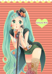Rule 34 | 1girl, aqua eyes, aqua hair, bad id, bad pixiv id, belt, earrings, hair ornament, hairclip, hat, hatsune miku, irono (irtyu), jewelry, long hair, microphone, microphone stand, mini hat, mini top hat, open mouth, solo, thighhighs, top hat, twintails, very long hair, vocaloid