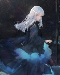 Rule 34 | 1girl, black robe, blue eyes, commentary request, floating hair, highres, holding, key, kisei2, long hair, long sleeves, looking at viewer, looking to the side, night, night sky, original, robe, silver hair, sky, solo, star (sky), starry sky, wide sleeves