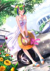 Rule 34 | 10s, 1girl, ^ ^, android, bangle, bare shoulders, blush, bow, bracelet, breasts, building, cable, cable tail, car, cleavage, closed eyes, collarbone, daisy, dappled sunlight, day, dimension w, dress, dutch angle, facing viewer, feet, fingernails, flower, full body, green hair, hat, hat ribbon, highres, holding, holding clothes, holding hat, jewelry, leaning forward, mechanical tail, motor vehicle, multicolored hair, no socks, o-ring, outdoors, pavement, ribbon, robot ears, sandals, short hair, sleeveless, sleeveless dress, small breasts, smile, solo, standing, streaked hair, sun hat, sundress, sunlight, swordsouls, tail, tattoo, toenails, toes, toyota, toyota 2000gt, tree, two-tone hair, unworn hat, unworn headwear, vehicle, white dress, yurizaki mira