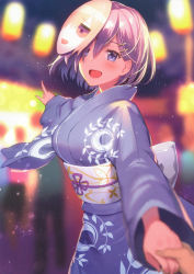 Rule 34 | 1girl, :d, absurdres, blue eyes, blurry, blurry background, blush, character mask, fate/grand order, fate (series), festival, hair ornament, hair over one eye, hairclip, haru (hiyori-kohal), highres, holding hands, huge filesize, japanese clothes, kimono, lamp, light purple hair, long sleeves, looking at viewer, mash kyrielight, mash kyrielight (anniversary heroines), mask, mask on head, night, obi, official alternate costume, open mouth, out of frame, outdoors, outstretched arms, pointing, pov, pov hands, riyo (lyomsnpmp) (style), sash, scan, short hair, smile, solo focus, wide sleeves, yukata
