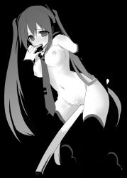 Rule 34 | 1girl, bad id, bad pixiv id, breasts, greyscale, hatsune miku, long hair, monochrome, nipples, nude, pussy, solo, spring onion, tatami to hinoki, thighhighs, twintails, vocaloid