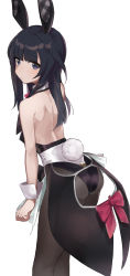Rule 34 | 1girl, agatsuma kaede, alice gear aegis, animal ears, bare back, bare shoulders, black hair, blue eyes, blunt bangs, blush, bow, closed mouth, clothing request, commentary request, cowboy shot, epi zero, from behind, highres, long hair, looking at viewer, looking back, looking to the side, pantyhose, pink bow, rabbit ears, rabbit tail, simple background, solo, standing, tail, white background, wrist cuffs