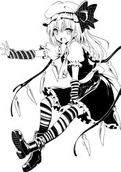 Rule 34 | 1girl, arm warmers, boots, female focus, flandre scarlet, greyscale, hat, kojima saya, long hair, monochrome, open mouth, outstretched arm, simple background, skirt, skirt set, solo, striped clothes, striped thighhighs, thighhighs, touhou, wings