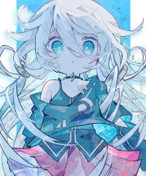 Rule 34 | 1girl, aqua choker, aqua eyes, aqua shirt, arms at sides, bandaid, bandaid on cheek, bandaid on chest, bandaid on face, blue background, bright pupils, commentary, cowboy shot, detached sleeves, english commentary, flat chest, gauze, grey hair, hair between eyes, highres, ia (vocaloid), long hair, looking at viewer, outside border, parted lips, pillarboxed, pink skirt, pleated skirt, shirt, single bare shoulder, skirt, solo, soresaki, spaghetti strap, straight-on, two-sided fabric, two-sided skirt, very long hair, vocaloid, white pupils