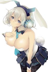 Rule 34 | 1girl, :&lt;, animal ears, bad id, bad pixiv id, between breasts, black skirt, blue eyes, blurry, blush, breasts, cleavage, depth of field, detached collar, fake animal ears, hand on own chest, headphones, large breasts, leotard, looking at viewer, necktie, necktie between breasts, oshiro project:re, pantyhose, playboy bunny, pleated skirt, rabbit ears, rabbit tail, shikano, shikano (oshiro project), short hair, shu-cem, silver hair, simple background, skindentation, skirt, solo, spikes, tail, white background, wrist cuffs
