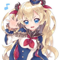 Rule 34 | 1girl, :d, blonde hair, blue cape, blue dress, blue eyes, blue hat, blush, breasts, cape, commentary request, curled horns, dress, eighth note, hair between eyes, hair ribbon, hand up, hat, horns, long hair, long sleeves, looking at viewer, mariel (p&amp;d), mini hat, multicolored cape, multicolored clothes, musical note, neckerchief, open mouth, pikomarie, puzzle &amp; dragons, red cape, red neckerchief, red ribbon, ribbon, shirt, simple background, small breasts, smile, solo, tilted headwear, two side up, upper body, v-shaped eyebrows, very long hair, white background, white shirt