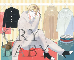 Rule 34 | 1boy, asuka ryou, black shirt, blonde hair, blue eyes, buttons, closed mouth, coat, devilman, devilman crybaby, eyebrows, high heels, jacket, male focus, pants, shirt, shoes, short hair, sitting, solo, sunglasses, white coat, white pants