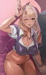 Rule 34 | 1boy, 1girl, blonde hair, bow (bhp), breasts, brown eyes, brown panties, cleavage, collarbone, commentary request, couch, drill hair, earrings, gyaru, hand up, jewelry, kogal, large breasts, long hair, looking at viewer, navel, necklace, on couch, one eye closed, open mouth, original, panties, polka dot, polka dot background, short sleeves, sitting, smile, solo focus, thighs, underwear, v