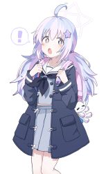 Rule 34 | !, + +, 1girl, absurdres, ahoge, black neckerchief, blue archive, blue hair, blush, commentary request, cowboy shot, grey jacket, grey serafuku, grey skirt, hair between eyes, halo, hands up, highres, jacket, long hair, long sleeves, looking at viewer, midriff peek, multicolored hair, neckerchief, open clothes, open jacket, open mouth, pink hair, pleated skirt, purple eyes, reisa (blue archive), sailor collar, saotome (saotome013), school uniform, serafuku, simple background, skirt, solo, star halo, stuffed animal, stuffed toy, thought bubble, twintails, two-tone hair, white background, white sailor collar