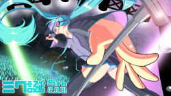 Rule 34 | 1girl, aqua hair, boots, concert, dated, detached sleeves, foreshortening, hair ornament, hatsune miku, headphones, highres, leaning forward, long hair, microphone, microphone stand, miniskirt, music, necktie, panties, pantyshot, rog rockbe, singing, skirt, standing, striped clothes, striped panties, thigh boots, thighhighs, twintails, underwear, upskirt, very long hair, vocaloid, wallpaper