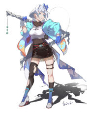Rule 34 | 1girl, absurdres, alternate costume, alternate hairstyle, aqua jacket, asymmetrical legwear, black skirt, black sweater, black thighhighs, blue eyes, blue gloves, blue jacket, blue ribbon, breasts, buckle, buttons, chain, commentary request, contrapposto, crop top, ear piercing, eyelashes, full body, gloves, grey hair, hair intakes, hair ribbon, highres, holding, holding sword, holding weapon, jacket, konpaku youmu, konpaku youmu (ghost), large breasts, legs apart, looking at viewer, miniskirt, open mouth, piercing, ribbon, shadow, shirt, shoes, short hair, simple background, skirt, solo, standing, sweater, sword, thigh strap, thighhighs, torn clothes, torn thighhighs, touhou, turtleneck, turtleneck sweater, undercut, uneven legwear, unzipped, weapon, white background, white footwear, white shirt, zettai ryouiki, zuosi zhichu