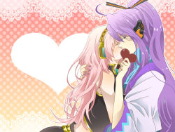 Rule 34 | 1boy, 1girl, ahoge, bad id, bad pixiv id, bare arms, bare shoulders, brooch, candy, chocolate, chocolate heart, closed eyes, couple, emerald (stone), food, gem, gradient background, hair ornament, headphones, heart, hetero, holding, holding food, hug, jewelry, kamui gakupo, kiss, long hair, looking at viewer, looking to the side, megurine luka, midriff, nail polish, pink hair, polka dot, polka dot background, ponytail, purple hair, purple nails, sleeveless, vocaloid, wide sleeves, yucco kxoxc