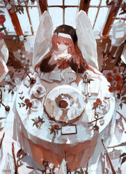 Rule 34 | 1girl, angel wings, artist name, candle, candlestand, cup, flower, glint, habit, holding, holding syringe, iv stand, long hair, long sleeves, original, paper, plate, puffy sleeves, qtonagi, red eyes, red hair, rose, sitting, solo, syringe, table, tablecloth, teacup, white flower, white rose, window, wings