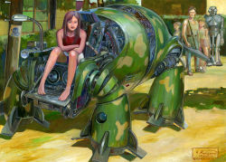Rule 34 | 2boys, 2girls, android, animal, artist name, bare legs, barefoot, brown hair, building, camouflage, crossed arms, family, house, koizumi kazuaki production, lips, looking at viewer, mecha, mechanical parts, multiple boys, multiple girls, non-humanoid robot, original, outdoors, parted bangs, realistic, robot, rocket launcher, science fiction, shadow, shirt, signature, sitting, skull and crossbones, sleeveless, sleeveless shirt, standing, sunlight, traditional media, utility pole, walker (robot), weapon, window
