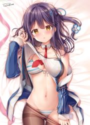 Rule 34 | 1girl, azur lane, bare shoulders, bed sheet, bikini, black hair, blue jacket, breasts, brown eyes, brown pantyhose, clothes lift, clothes pull, collarbone, commentary request, dakimakura (medium), detached collar, front-tie bikini top, front-tie top, groin, hair ornament, halterneck, highres, jacket, long hair, long sleeves, looking at viewer, lying, medium breasts, mullany (azur lane), navel, necktie, no pants, off shoulder, on back, one side up, open clothes, open jacket, pantyhose, pantyhose pull, parted lips, see-through, shirt, shirt lift, sleeveless, sleeveless shirt, solo, sousouman, stomach, string bikini, sweat, swimsuit, thighband pantyhose, white shirt, x hair ornament