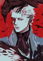 1boy absurdres animal animal_on_head bird bird_on_head black_shirt blood blood_on_clothes blood_on_face blue_coat blue_eyes closed_mouth coat collared_coat commentary_request crow devil_may_cry devil_may_cry_(series) devil_may_cry_3 dripping_blood eye_injury frown high_collar highres kmuyk777 male_focus missing_eye on_head one_eye_closed red_background red_eyes shirt solo standing_on_another&#039;s_head turtleneck vergil_(devil_may_cry)