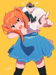 Rule 34 | 1girl, android, black bow, black bowtie, black eyes, black thighhighs, blue skirt, bow, bowtie, cable, disembodied head, electricity, highres, holding head, orange hair, original, pointing, pointing at viewer, ruu wan mm, short sleeves, skirt, solo, standing, thighhighs, tsundere, twintails, wire, yellow background