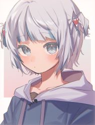 Rule 34 | 1girl, 852 box, absurdres, alternate hair length, alternate hairstyle, blue eyes, blue hair, blue hoodie, blunt bangs, blush, closed mouth, gawr gura, gradient background, grey hair, highres, hololive, hololive english, hood, hood down, hoodie, looking at viewer, multicolored hair, short hair, solo, streaked hair, twintails, upper body, virtual youtuber