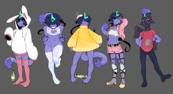 Rule 34 | 1boy, :&gt;, absurdres, animal hood, bad id, bad pixiv id, balaclava, black sclera, blue hair, blue skin, clothed male nude male, colored sclera, colored skin, commentary, cosplay, docu (doppel), doppel (bonnypir), egg, full body, glasses, green eyes, grey background, hair over eyes, highres, hood, hoodie, male focus, monster boy, multiple views, naked sweater, nude, original, penis, pink thighhighs, pointy ears, rabbit hood, short shorts, shorts, simple background, solo, sweater, tail, thighhighs, white thighhighs
