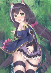 Rule 34 | 1girl, animal ear fluff, animal ears, armpits, black hair, black thighhighs, blush, bow, breasts, cat ears, cat girl, cat tail, commentary, detached sleeves, drill hair, fang, forest, frills, from behind, green eyes, highres, karyl (princess connect!), long hair, looking at viewer, looking back, medium breasts, multicolored hair, nail polish, nature, nose blush, open mouth, princess connect!, shirt, single bare shoulder, sleeveless, sleeveless shirt, solo, standing, streaked hair, tail, thighhighs, twin drills, twintails, very long hair, white hair, yuutii