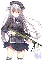 Rule 34 | 1girl, ai arctic warfare, backpack, bad id, bad pixiv id, bag, beret, bipod, blush, bolt action, clothes lift, gin (ginshari), gun, hair bobbles, hair ornament, hat, long hair, one side up, original, pleated skirt, red eyes, rifle, scope, shopping bag, simple background, skirt, skirt lift, sniper rifle, solo, thighhighs, trigger discipline, uniform, weapon, white background, white hair, wind, wind lift