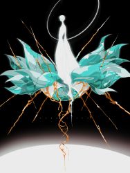 Rule 34 | 1other, absurdres, androgynous, aqua theme, crack, eyeball, facing viewer, flower, flying, glowing, halo, highres, houseki no kuni, liquid, lotus, molten metal, natalienosound, other focus, phosphophyllite, phosphophyllite (gemstone), planet, robe, solo, space, spoilers, standing, very long sleeves, white robe, wide sleeves