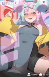 Rule 34 | 1girl, bare shoulders, blue hair, blush, bow-shaped hair, breasts, character hair ornament, collarbone, creatures (company), game freak, grey pantyhose, hair ornament, iono (pokemon), jacket, long hair, long sleeves, looking at viewer, multicolored hair, nintendo, open mouth, pantyhose, pink hair, pokemon, pokemon sv, purple eyes, sharp teeth, single leg pantyhose, sleeves past fingers, sleeves past wrists, small breasts, smile, solo, split-color hair, teeth, thighs, tostos, twintails, two-tone hair, very long hair, yellow jacket