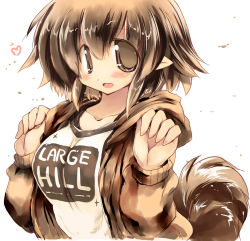 Rule 34 | 1girl, blush, breasts, brown eyes, brown hair, clothes writing, english text, heart, large breasts, open mouth, original, pointy ears, sakaki (noi-gren), short hair, simple background, solo, tail, white background
