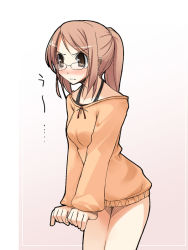 Rule 34 | 1girl, bottomless, glasses, jirou (chekoro), orange shirt, ponytail, shirt, solo, sweater