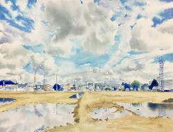 Rule 34 | apartment, blue sky, chimney, day, didi daisukedoi, factory, field, highres, house, no humans, original, painting (medium), puddle, reflection, reflective water, sky, smoke trail, tower, town, traditional media, tree, utility pole, water, watercolor (medium)