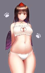 Rule 34 | 1girl, alternate costume, arms behind back, bell, breasts, brown hair, cat cutout, cat ear panties, cat lingerie, choker, cleavage, cleavage cutout, closed mouth, clothing cutout, collarbone, cowboy shot, dominico, feathered wings, frills, grey background, hat, highres, jingle bell, large breasts, looking at viewer, meme attire, navel, neck bell, panties, paw print, red eyes, shameimaru aya, short hair, side-tie panties, simple background, smile, solo, stomach, thigh gap, tokin hat, touhou, underwear, underwear only, white panties, wings