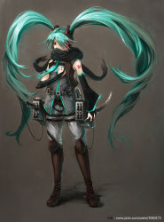 Rule 34 | 1girl, adapted costume, artist name, belt, boots, breasts, bridal gauntlets, covered mouth, detached sleeves, full body, green eyes, green hair, hair over one eye, hand on own chest, hatsune miku, headphones, highres, knee boots, krit, krit parnsanay, long hair, matching hair/eyes, necktie, parody, reverse grip, scarf, shingeki no kyojin, small breasts, solo, sword, tattoo, three-dimensional maneuver gear, twintails, very long hair, vocaloid, watermark, weapon, web address
