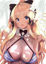 Rule 34 | 1girl, :d, bad id, bad pixiv id, bare arms, bare shoulders, bikini, bikini top only, black bow, blonde hair, blue eyes, blush, bow, breasts, cleavage, commentary request, diagonal stripes, flower, hair bow, hair flower, hair ornament, hands up, high ponytail, highres, large breasts, long hair, looking at viewer, noto kurumi, o-ring, o-ring bikini, o-ring top, open mouth, ponytail, princess connect!, saren (princess connect!), saren (summer) (princess connect!), smile, solo, strap gap, striped bikini, striped clothes, swimsuit, very long hair, white flower