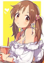 Rule 34 | 1girl, bare shoulders, belt, blush, border, bra strap, bracelet, breasts, brown belt, brown eyes, brown hair, chestnut mouth, cleavage, collarbone, cup, disposable cup, dot nose, drink, drinking straw, flower, from side, hair flower, hair ornament, heart, heart necklace, holding, holding drink, idolmaster, idolmaster cinderella girls, idolmaster cinderella girls starlight stage, jewelry, large breasts, long hair, looking at viewer, necklace, off-shoulder shirt, off shoulder, outside border, pink flower, shirt, solo, totoki airi, twintails, white border, white shirt, yellow background, yunion (sibujya)
