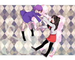 Rule 34 | 2girls, argyle, argyle background, argyle clothes, bad id, bad pixiv id, black legwear, blue eyes, brown hair, child, dress, fate/zero, fate (series), floating, hair ribbon, long hair, matou sakura, multiple girls, open mouth, outstretched arms, purple eyes, purple hair, ribbon, short hair, siblings, sirai3, sisters, thighhighs, tohsaka rin, twintails