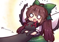 Rule 34 | 2girls, :3, animal, animal ears, bird wings, black cat, blush, bow, brown hair, cape, cat, cat ears, center frills, commentary request, feathered wings, frilled skirt, frills, glint, green bow, green skirt, hair bow, hair ribbon, holding, holding animal, holding cat, kaenbyou rin, kaenbyou rin (cat), long hair, longcat (meme), meme, multiple girls, open mouth, puffy short sleeves, puffy sleeves, red bow, red eyes, reiuji utsuho, ribbon, shirt, short sleeves, sidelocks, simple background, skirt, solid circle eyes, standing, third eye, touhou, tress ribbon, twitter username, unime seaflower, upper body, white background, white cape, white shirt, wings