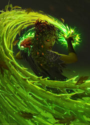 Rule 34 | 1girl, akreon, back, colored skin, creature, dryad, fantasy, green hair, green skin, looking at viewer, magic, magic: the gathering, monster girl, official art, orange eyes, plant girl, plant hair, solo, tagme
