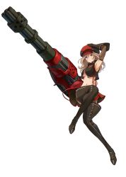 Rule 34 | 10s, 1girl, alisa ilinichina amiella, armpits, blue eyes, boots, breasts, cabbie hat, elbow gloves, fingerless gloves, gatling gun, gloves, god eater, god eater burst, gun, hat, huge weapon, long hair, namco, official art, pantyhose, plaid, plaid skirt, project x zone, skirt, solo, suspender skirt, suspenders, thigh boots, thighhighs, underboob, weapon, white hair