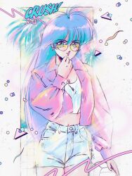 Rule 34 | 1980s (style), 1girl, ball, blue hair, breasts, commentary, cowboy shot, earrings, english commentary, grey shorts, highres, jacket, jewelry, long hair, looking at viewer, medium breasts, midriff, mizucat, navel, oldschool, original, palm tree, pink jacket, retro artstyle, shorts, smile, solo, sunglasses, tongue, tongue out, tree, triangle earrings, very long hair, volleyball (object)