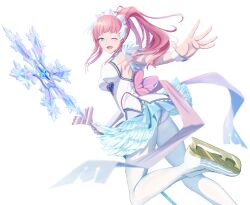 1girl axe blue_eyes blush breasts dress feather_trim felicia_(fire_emblem) felicia_(ice)_(fire_emblem) figure_skating fire_emblem fire_emblem_fates fire_emblem_heroes highres holding holding_axe ice_skates leggings long_hair looking_at_viewer matoimangekyo nintendo official_alternate_costume one_eye_closed open_mouth panties pink_hair ponytail skates solo underwear white_dress white_footwear white_leggings wrist_cuffs