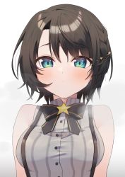 Rule 34 | 1girl, bare shoulders, black bow, black bowtie, black hair, blouse, blush, bow, bowtie, breasts, buttons, collar, collared shirt, green eyes, grey collar, grey shirt, hair ornament, hololive, looking at viewer, medium breasts, oozora subaru, oozora subaru (work), shirt, short hair, simple background, sleeveless, sleeveless shirt, solo, striped clothes, striped shirt, suspenders, syhan, upper body, vertical-striped clothes, vertical-striped shirt, virtual youtuber, white background