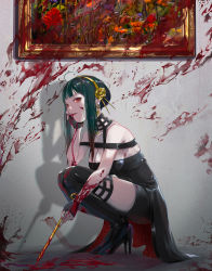 Rule 34 | 1girl, absurdres, ahoge, bare shoulders, black dress, black footwear, black gloves, blood, blood on clothes, blood on face, blood on hands, blood splatter, bloody weapon, blunt bangs, boots, breasts, commentary request, dress, finger to mouth, fingerless gloves, flower, from side, gloves, green hair, hair flower, hair ornament, hairband, hand on own cheek, hand on own face, high heel boots, high heels, highres, holding, holding weapon, looking at viewer, looking to the side, medium breasts, nail polish, open mouth, painting (object), peropicnic, red eyes, red nails, shadow, short hair with long locks, solo, spy x family, squatting, two-sided dress, two-sided fabric, weapon, yellow flower, yellow hairband, yor briar