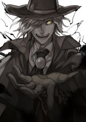 Rule 34 | 1boy, 2f sq, edmond dantes (fate), electricity, fate/grand order, fate (series), fedora, hat, looking at viewer, male focus, monochrome, open mouth, short hair, smile, solo, wavy hair, white hair, yellow eyes