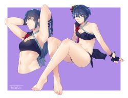 Rule 34 | 1girl, absurdres, armpits, arms up, bare arms, bare legs, barefoot, bikini, blue eyes, blue gloves, blue hair, blue one-piece swimsuit, border, braid, breasts, crown braid, fingerless gloves, fire emblem, fire emblem awakening, fire emblem heroes, flower, gloves, hair down, hair flower, hair ornament, hair up, highres, hip bones, knees up, legs, lucina (fire emblem), multiple views, navel, nintendo, official alternate costume, one-piece swimsuit, purple background, short hair, sitting, small breasts, swimsuit, thefarelo, thighs, toes, white border