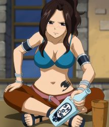 Rule 34 | 1girl, belt, bikini, bikini top only, black eyes, blush, breasts, brown hair, cana alberona, fairy tail, feet, female focus, glass, highres, large breasts, long hair, navel, sandals, screencap, solo, stitched, swimsuit, tattoo, third-party edit, toes