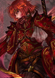 Rule 34 | 1girl, arm guards, armor, blood, blood on clothes, blood on face, breastplate, cape, commentary, english commentary, fire emblem, fire emblem: mystery of the emblem, fire emblem: shadow dragon and the blade of light, headband, highres, holding, holding weapon, injury, minerva (fire emblem), nintendo, pauldrons, red eyes, red hair, short hair, shoulder armor, solo, upper body, weapon, zantetsukennn