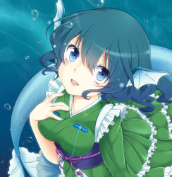 Rule 34 | 1girl, animal ears, aqua nails, bad id, bad pixiv id, blue eyes, blue hair, bubble, fins, hand on own chest, head fins, highres, japanese clothes, kimono, long sleeves, looking at viewer, matching hair/eyes, mermaid, monster girl, nail polish, namakobuta, obi, open mouth, sash, short hair, smile, solo, touhou, underwater, wakasagihime, wide sleeves